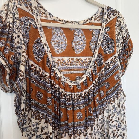 Free People High-Low Scoop Back Paisley-Print Top Boho Puff Sleeve Peasant XS - Picture 8 of 13